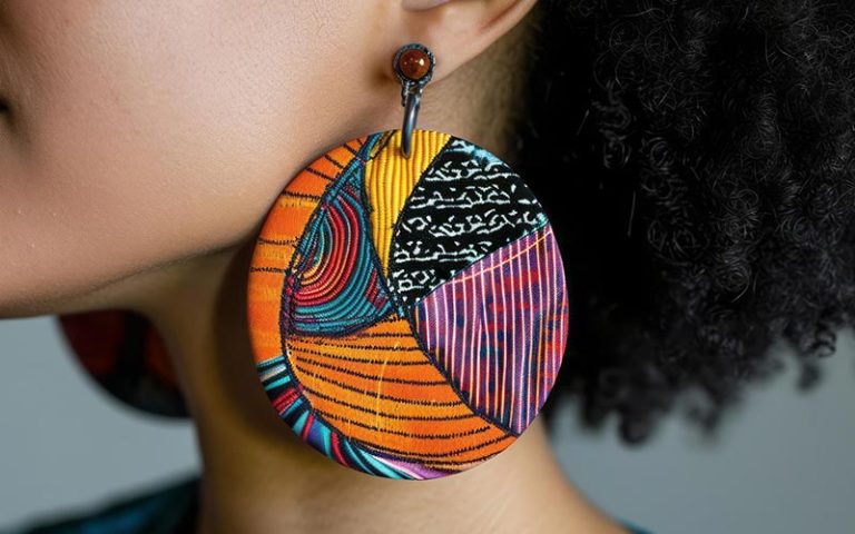 A classy lady wearing Ankara craft earring accessory with African patterns and colors on them